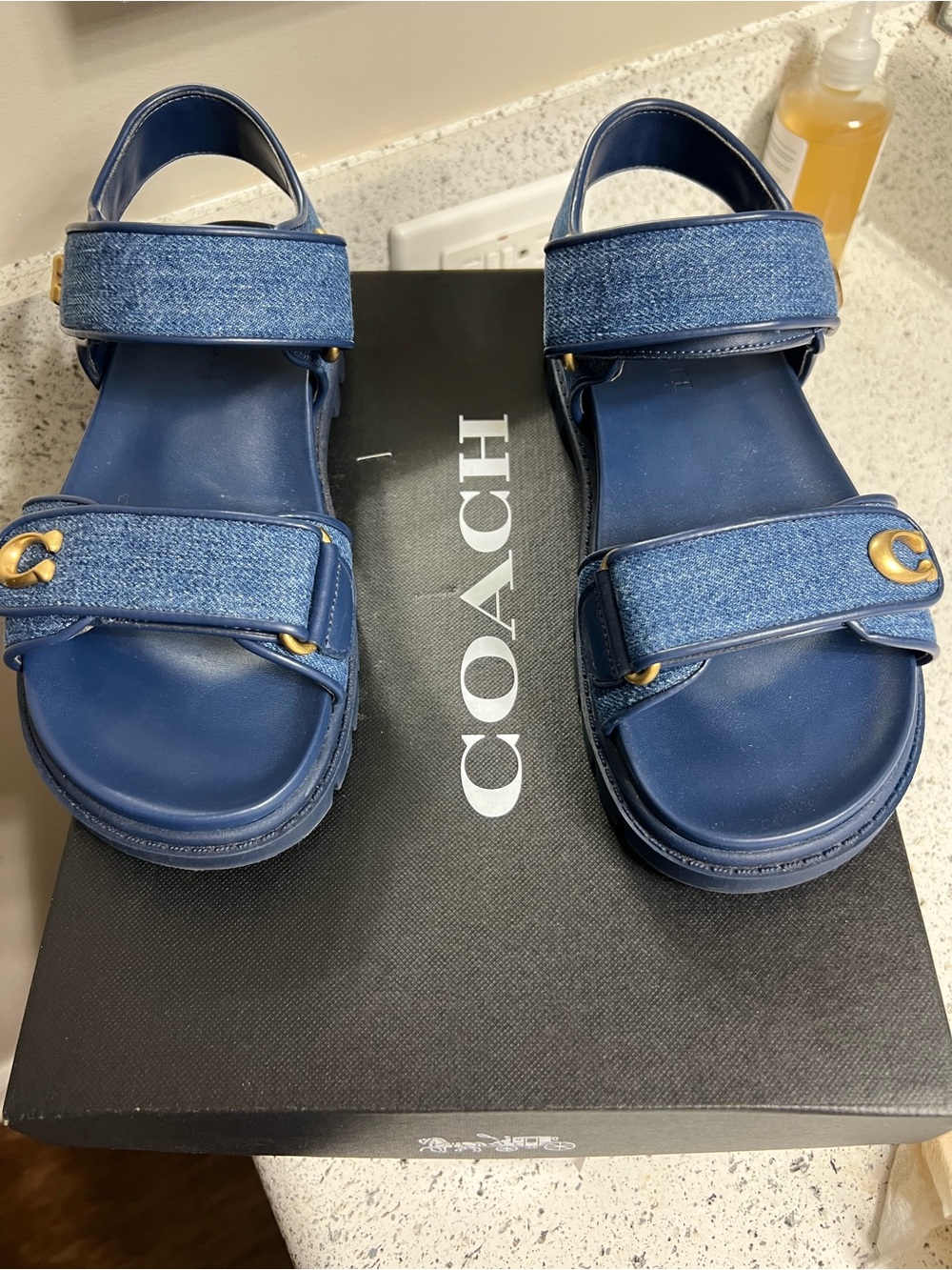 Coach Navy Leather & Denim Velcro Platform Sandals